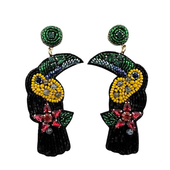 Toucan Bird Multicolor Seed Beaded Dangle Pierced Earrings - Picture 1 of 9